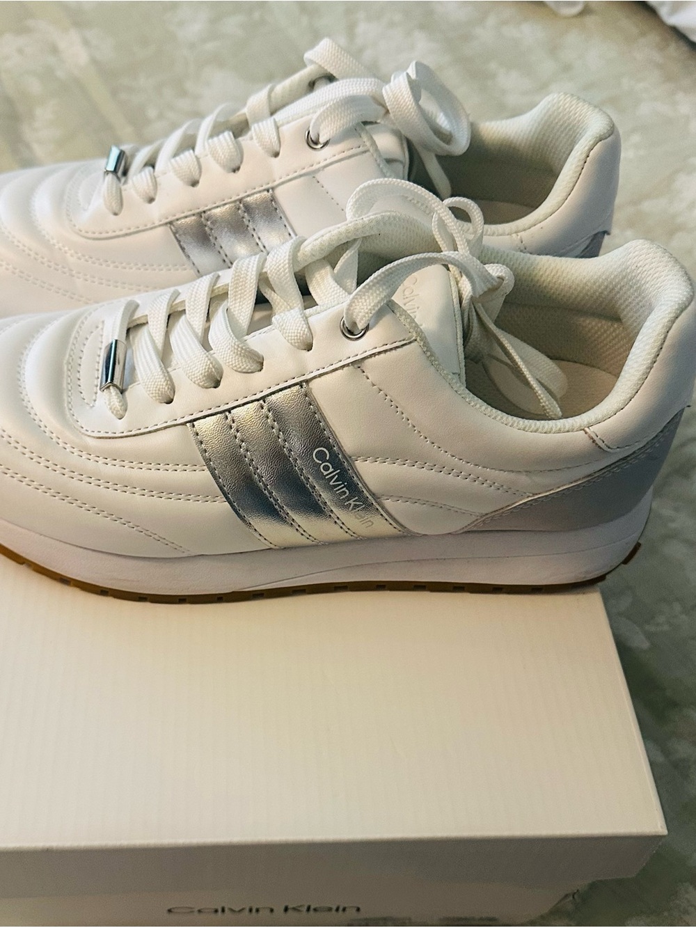 Calvin Klein Men’s White Sneakers with Silver Stripes